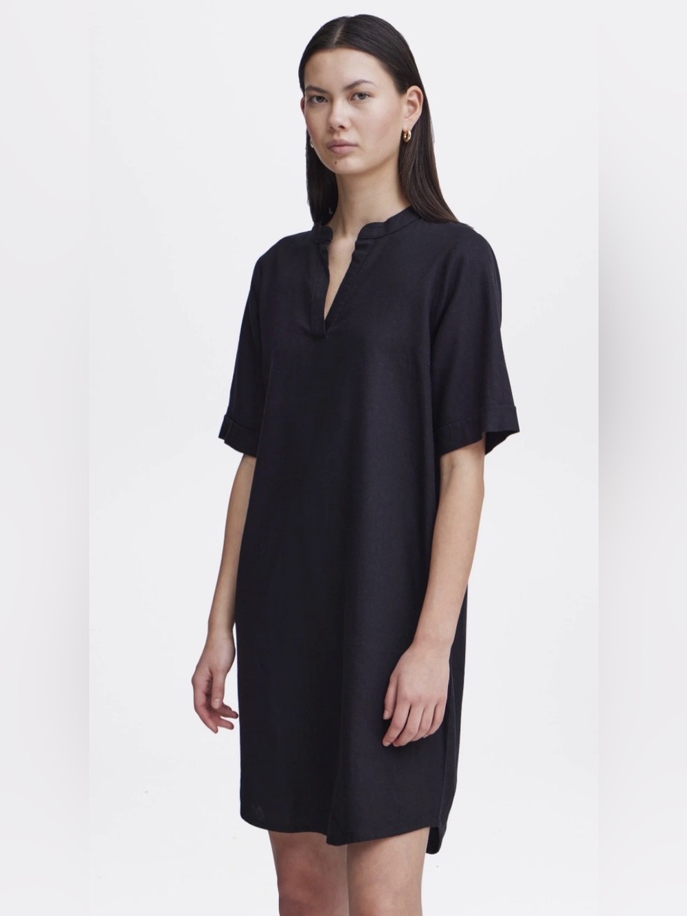 ICHI IHLINO Linen Day Dress Minimal Black Split-Neck Shift Dress Euro Summer